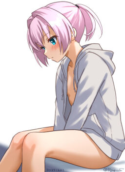 1girl arms_between_legs blue_eyes blush breasts commentary_request dated feet_out_of_frame from_side jacket kantai_collection looking_down naked_jacket one-hour_drawing_challenge open_clothes open_jacket pink_hair ponytail ray.s shiranui_(kancolle) short_hair simple_background sitting small_breasts solo twitter_username white_background white_jacket