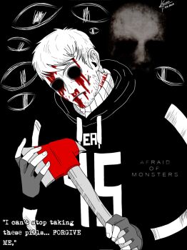 Rule 34 | 1boy, afraid of monsters, axe, beard stubble, black hoodie, blood, blood from forehead, blood on face, bloody tears, commentary, da dreams, david leatherhoff, english commentary, english text, facial hair, fingerless gloves, fire axe, gloves, grey gloves, head tilt, highres, holding, holding axe, hood, hood down, hoodie, looking at viewer, male focus, parted lips, print hoodie, short hair, solo, source quote, spot color, striped clothes, striped hoodie, stubble, the addiction (afraid of monsters), too many eyes, turtleneck, upper body, white hair