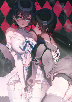 2girls absurdres alternate_costume argyle_background ass belle_(zenless_zone_zero) black_dress black_hair black_panties blue_eyes blue_hair breasts cleavage clothes_lift colored_inner_hair domi_(hongsung0819) dress dress_lift elbow_gloves ellen_joe fins fish_tail gloves highres holding_hands large_breasts looking_at_viewer miniskirt multicolored_hair multiple_girls navel panties parted_lips pink_eyes red_eyes red_hair shark_girl shark_tail short_hair skirt stomach tail thighs underwear white_dress white_gloves yuri zenless_zone_zero