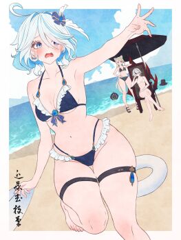 1boy 3girls ahoge animal_ears arlecchino_(genshin_impact) arm_rest arm_up beach beach_umbrella bikini black_bikini black_hair blue_bikini blue_bow blue_eyes blue_hair blue_sky blush border bow breasts cat_ears cat_girl cat_tail chair character_request check_character cleavage cloud cloudy_sky collarbone commentary_request condotakeshi crying crying_with_eyes_open diving_helmet dutch_angle foot_out_of_frame freminet_(genshin_impact) frilled_bikini frills furina_(genshin_impact) genshin_impact gluteal_fold grey_hair hair_ornament hat helmet heterochromia highres lynette_(genshin_impact) medium_breasts multicolored_hair multiple_girls ocean on_chair open_mouth outdoors outside_border purple_eyes sand short_hair sitting skindentation sky standing stepping streaked_hair swim_ring swimsuit tail tears thick_thighs thigh_strap thighs top_hat translation_request two-tone_hair umbrella unworn_hat unworn_headwear white_bikini white_border white_hair wide_hips