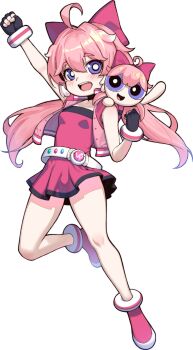 2girls absurdres ahoge belt black_choker black_gloves bow bowtie breasts chibi choker clenched_hand cosplay dress eien_no_24-sai_no_shakai_hito encore_(wuthering_waves) fingerless_gloves full_body gloves hair_bow hand_up hashtag-only_commentary highres jacket long_hair looking_at_viewer multiple_girls open_mouth pink_bow pink_bowtie pink_dress pink_hair pink_jacket pink_shoes powerpuff_girls_z purple_eyes shoes simple_background sleeveless sleeveless_dress sleeveless_jacket small_breasts teeth thighs twintails upper_teeth_only white_background wuthering_waves