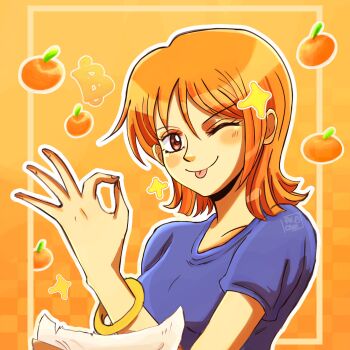 1girl art_rei_chan bangle blue_shirt blush blush_stickers bracelet breasts commentary food fruit gradient_background hand_up highres jewelry looking_at_viewer mandarin_orange map medium_breasts money_gesture nami_(one_piece) nami_(one_piece)_(loguetown) one_eye_closed one_piece orange_background shirt short_hair short_sleeves single_sidelock smile solo sparkle symbol-only_commentary tongue tongue_out upper_body
