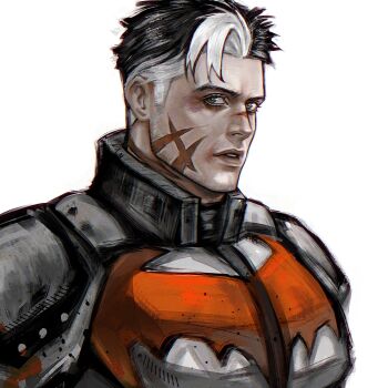 aged_up bat_signal batman batman_(series) batman_symbol black_bodysuit black_hair blue_eyes bodysuit commentary_request dc_comics grey_bodysuit hair_between_eyes highres jason_todd male_focus multicolored_bodysuit multicolored_hair muscular muscular_male raccoonspencer red_hood_(dc) short_hair simple_background superhero_costume taut_bodysuit two-tone_bodysuit two-tone_hair white_hair