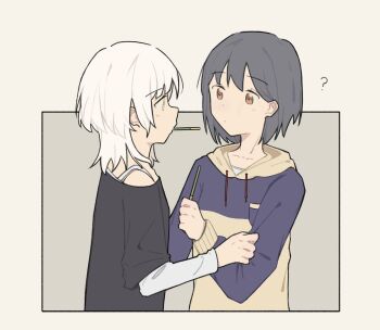 2girls ? akayukikaede bang_dream! bang_dream!_it's_mygo!!!!! commentary english_commentary food food_in_mouth grey_hair highres hood hood_down hoodie kaname_raana layered_sleeves long_sleeves multiple_girls pocky pocky_in_mouth short_over_long_sleeves short_sleeves takamatsu_tomori white_background yellow_eyes