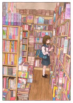 1girl absurdly_detailed_composition bag black_shoes blue_bag blue_sailor_collar book book_stack border brown_hair charm_(object) floor highres holding holding_book indoors library loaded_interior long_sleeves neckerchief original pleated_skirt purple_neckerchief sailor_collar school_uniform serafuku shoes skirt socks solo standing traditional_media white_border white_socks wooden_floor yuukitokuda