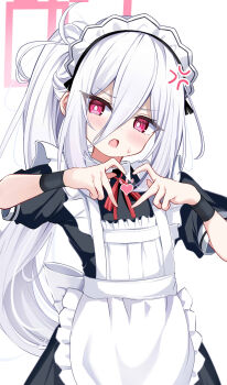 Rule 34 | 1girl, absurdres, alternate costume, anger vein, angry, apron, black dress, blue archive, commentary request, dress, enmaided, four-finger heart hands, frilled apron, frills, hair between eyes, halo, heart, heart hands, highres, kei (blue archive), kei (new body) (blue archive), light blush, long hair, long hair between eyes, looking at viewer, maid, maid apron, maid headdress, nagomi yayado, open mouth, pink eyes, pink halo, ponytail, rectangular halo, ringed eyes, short sleeves, simple background, small sweatdrop, solo, tilted headwear, upper body, white apron, white background, white hair, wristband