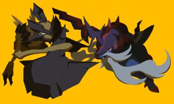 armor axe bug facial_hair fang highres hisuian_samurott kasai_(pixiv24704749) kleavor mantis nintendo no_humans orange_background pokemon pokemon_(creature) red_eyes rock seashell sharp_nails shell sword topknot wavy_hair weapon whiskers