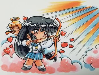 Rule 34 | 1girl, angel, angel wings, arrow (projectile), ayasaki wakana, black hair, black shoes, blonde hair, blue bow, blue bowtie, blue skirt, bow, bow (weapon), bowtie, brown hair, chibi, chibi only, closed eyes, closed mouth, cloud, commentary request, cupid, drawing bow, halo, heart, heart arrow, highres, holding, holding bow (weapon), holding instrument, holding trumpet, holding weapon, instrument, kokomahi, long hair, low-tied long hair, official art, pink clouds, pleated skirt, school uniform, sentimental graffiti, shirt, shoes, short hair, skirt, smile, socks, sunburst, traditional halo, traditional media, trumpet, very long hair, weapon, white shirt, white socks, wings