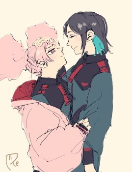 Rule 34 | 2girls, asticassia school uniform, black hair, blue hair, chuatury panlunch, closed eyes, closed mouth, commentary, double bun, green jacket, gundam, gundam suisei no majo, hair bun, hand on another's head, jacket, multiple girls, nika nanaura, pink eyes, pink hair, pink jacket, school uniform, simple background, smile, surfacedxxc, yellow background, yuri