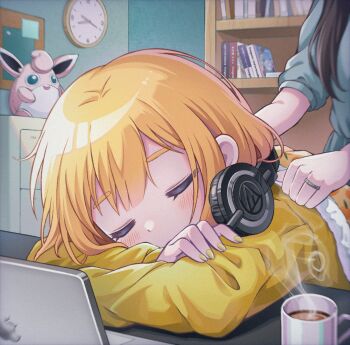 2girls black_hair blonde_hair bookshelf character_request clock closed_eyes coffee computer copyright_request crossed_arms cup gen_1_pokemon headphones headphones_around_neck indoors jewelry laptop light_blush long_sleeves macbook multiple_girls nintendo pokemon ring sitting sleeping solo_focus sweater under_covers wigglytuff yellow_nails yellow_sweater yeoryeong_030