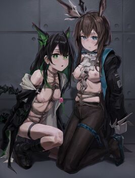 2girls a_tea animal_ears arknights arms_behind_back bdsm black_boots black_hair black_pantyhose blue_eyes bondage boots bound breasts brown_hair character_request coat collarbone commentary_request crotch_rope green_eyes green_hair highres kneeling long_hair looking_at_viewer medium_breasts multicolored_hair multiple_girls nipples pantyhose shibari shibari_under_clothes shoes skindentation streaked_hair thigh_strap