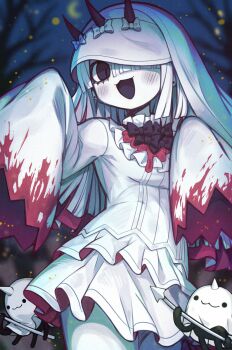 1girl bare_tree black_bow black_bowtie black_eyes black_tongue blood blood_on_clothes blunt_bangs blurry blurry_background blush bow bowtie commentary cowboy_shot dress english_commentary ghost_pose hair_over_one_eye highres horns ketopon long_hair looking_at_viewer night night_sky open_mouth original sky sleeves_past_fingers sleeves_past_wrists smile tree veil white_dress