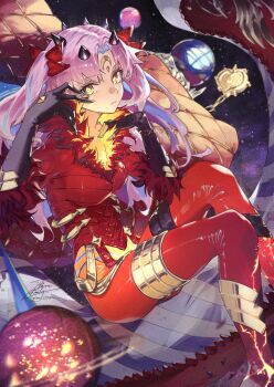 1girl blue_hair bodysuit breasts cloak facial_mark fadingz fate/grand_order fate_(series) forehead_mark fur-trimmed_cloak fur_trim hair_ribbon horns ishtar_(fate) long_hair looking_at_viewer medium_breasts multicolored_hair parted_bangs pink_hair red_bodysuit red_cloak ribbon solo space_ishtar_(fate) space_ishtar_(third_ascension)_(fate) symbol-shaped_pupils two-tone_hair two_side_up yellow_eyes