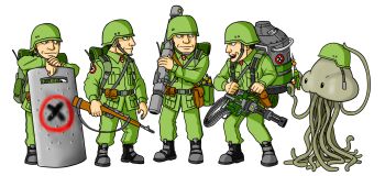 1other 4boys adjusting_clothes adjusting_headwear alien ammunition ammunition_belt ammunition_pouch army backpack bag ballistic_shield belt belt_feed belt_pouch big_nose black_belt black_footwear black_hair boots canister carrying_bag chinstrap circle closed_mouth colored_skin combat_boots combat_helmet creature durandsmith emblem energy_gun gatling_gun green_bag green_headwear green_pants green_shirt grey_skin gun hand_on_headwear hand_rest helmet highres holding holding_gun holding_weapon logo long_sleeves looking_at_another machine_gun magazine_(weapon) mars_people mattress metal_slug military military_uniform multiple_boys multiple_others no_nose open_mouth own_hands_together pants pocket pouch ray_gun rebel_army_(metal_slug) rifle rocket_launcher shells shield shirt short_hair soldier tentacles weapon x_(symbol)