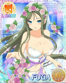 1girl blue_eyes blush border breasts bridal_veil bride card_(medium) character_name church cleavage clothes_lift dress english_text flower fuga_(senran_kagura) game_cg green_hair hair_flower hair_ornament large_breasts lifting_own_clothes long_hair looking_at_viewer mole mole_under_eye navel nontraditional_wedding_dress official_alternate_costume official_art panties parted_lips pink_flower pink_rose purple_dress rose senran_kagura senran_kagura_new_wave skindentation skirt skirt_lift smile solo strapless strapless_dress swept_bangs torn_clothes torn_dress underwear veil wedding wedding_dress white_dress white_panties