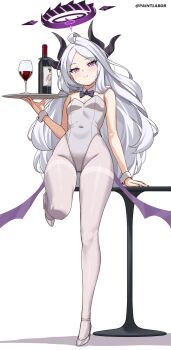 1girl absurdres ahoge alternate_costume arm_support artist_name black_bow black_bowtie black_halo black_horns blue_archive blush bottle bow bowtie breasts closed_mouth collar covered_navel cup demon_horns demon_wings detached_collar drinking_glass full_body gluteal_fold halo hand_up highleg highleg_leotard highres hina_(blue_archive) holding holding_tray horns leotard loli long_hair looking_at_viewer low_wings multiple_horns paintlabor pantyhose playboy_bunny purple_eyes simple_background small_breasts smile solo split_mouth standing standing_on_one_leg strapless strapless_leotard tray twitter_username very_long_hair white_background white_collar white_hair white_leotard white_pantyhose white_wrist_cuffs wine_bottle wine_glass wings wrist_cuffs