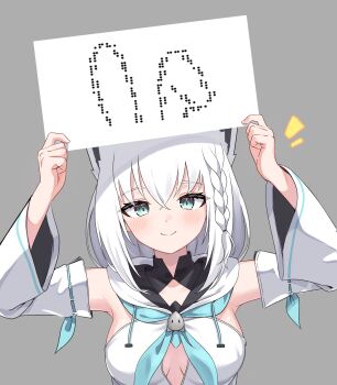 1girl ^^^ animal_ears arms_up blue_neckerchief braid breasts cleavage_cutout clothing_cutout commentary_request detached_sleeves fox_ears fox_girl grey_background hands_up highres holding holding_sign hololive kumarang looking_at_viewer medium_breasts meme neckerchief ribbon-trimmed_sleeves ribbon_trim shirakami_fubuki shirakami_fubuki_(1st_costume) side_braid sign simple_background single_braid smile solo straight-on twitter_rabbit_ears_(meme) upper_body virtual_youtuber white_hair wide_sleeves