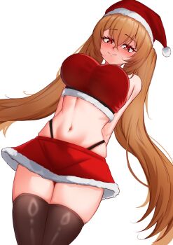 1girl :3 absurdres bare_shoulders black_panties blush breasts brown_hair christmas commentary crop_top english_commentary from_below girls'_frontline hat highleg highleg_panties highres hip_focus large_breasts long_hair looking_at_viewer looking_down microskirt navel notporred orange_eyes panties pink_eyes red_skirt santa_hat skirt solo stomach strapless thighhighs thighs tube_top twintails ump9_(girls'_frontline) underwear very_long_hair