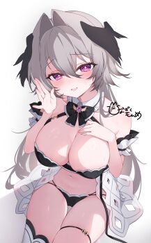 1girl bare_shoulders bikini black_bikini bow bowtie breasts cleavage commentary_request detached_collar detached_sleeves diamond-shaped_pupils diamond_(shape) grey_hair grin hair_intakes hand_on_own_chest hand_up head_wings highres hinagikumonnme indie_virtual_youtuber large_breasts long_hair looking_at_viewer navel purple_eyes richamu showgirl_skirt single_thighhigh skirt smile solo stomach string_bikini sweatdrop swimsuit symbol-shaped_pupils thigh_gap thigh_strap thighhighs thighs virtual_youtuber white_skirt white_thighhighs wings