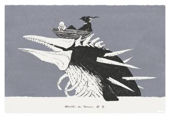 1boy 1girl boat body_fur child furry furry_male grey_background greyscale horns monochrome monster nagabe sensei_(totsukuni_no_shoujo) shiva_(totsukuni_no_shoujo) simple_background totsukuni_no_shoujo watercraft whale