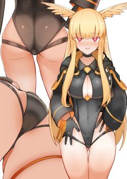1girl adjusting_clothes adjusting_swimsuit ass black_one-piece_swimsuit blonde_hair blush breasts cleavage cleavage_cutout clothing_cutout commentary_request fate/grand_order fate_(series) gloves gluteal_fold head_wings highleg highleg_one-piece_swimsuit highres jacket large_breasts long_hair long_sleeves looking_at_viewer one-piece_swimsuit parted_lips red_eyes simple_background swimsuit thigh_gap thighs thrud_(fate) thrud_(swimsuit_assassin)_(fate) valkyrie_(fate) very_long_hair white_background wings yoosai