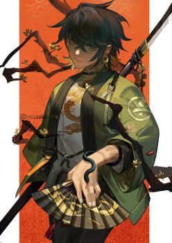 1girl bead_bracelet beads belt black_hair bracelet branch brown_eyes chinese_clothes closed_mouth dragon earrings eastern_dragon gold_flower green_eyes green_robe hand_fan heterochromia highres holding holding_fan jewelry looking_at_viewer orange_background original print_shirt redsakaone robe shirt short_hair single_earring snake_bracelet snake_earrings solo spiked_hair sword sword_on_back tangzhuang weapon weapon_on_back white_belt white_shirt wide_sleeves