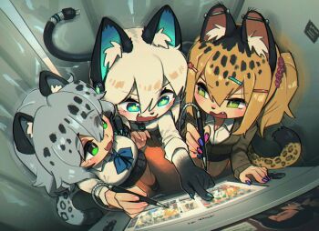 3girls animal_ears blonde_hair character_request digitan_(porforever) fang furry furry_female green_eyes highres leopard_ears leopard_girl leopard_tail multiple_girls original porforever purikura stylus tail