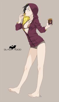 1girl absurdres artist_name barefoot black_hair breasts commentary_request cross cross_necklace feet food highres holding holding_food hood hood_up iwado_anna jewelry kamezaemon multicolored_hair necklace original short_hair shorts solo streaked_hair toes