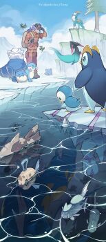 1boy absurdres avalugg backpack bag black_gloves black_headwear boots brown_footwear cobalion commentary_request dark-skinned_male dark_skin day dragapult dreepy dynamax_band expedition_uniform facial_hair feebas fish gen_1_pokemon gen_2_pokemon gen_3_pokemon gen_4_pokemon gen_5_pokemon gen_6_pokemon gen_8_pokemon gloves gyarados helmet highres holding_strap ice jacket legendary_pokemon leon_(pokemon) long_hair long_sleeves looking_down male_focus nintendo orange_jacket orange_pants outdoors pants piplup pokemon pokemon_(creature) pokemon_swsh prinplup purple_hair relicanth remoraid sealeo sky smile spheal standing tree walrein water yellow_eyes youchengyan