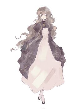 1girl ascot black_gloves boots brown_ascot brown_dress brown_eyes brown_hair catherine_(project_moon) closed_mouth dress gloves highres jewelry limbus_company looking_at_viewer necklace project_moon simple_background solo white_background white_boots yesheng_zong_ren