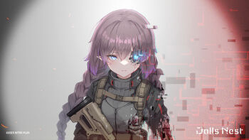 1girl android ar-15 blue_eyes braid damaged dolls_nest expressionless grey_hair gun long_hair looking_at_viewer mechabare official_art oota_youjo pointy_ears rifle solo twin_braids upper_body weapon