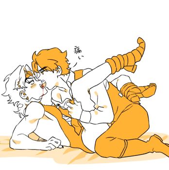 Rule 34 | 2boys, biting tongue, blood, blood from mouth, blush, dio brando, eye contact, fangs, headband, highres, honlo, imminent penetration, jojo no kimyou na bouken, jonathan joestar, legs, leotard, long hair, looking at another, male focus, multiple boys, muscular, muscular male, necktie, pants, pectorals, pointy footwear, shirt, short hair, stardust crusaders, undressing, undressing another, vampire, yaoi