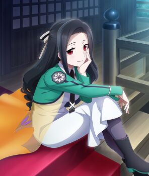 1girl architecture arm_on_knee black_boots black_hair black_necktie boots bow breasts closed_mouth day dress east_asian_architecture emblem first_high_school_uniform forehead game_cg green_shrug grey_bow grey_pantyhose hair_bow hand_on_own_cheek hand_on_own_face head_rest long_hair long_sleeves looking_at_viewer mahouka_koukou_no_rettousei medium_breasts necktie official_art orange_skirt outdoors pantyhose railing red_eyes saegusa_mayumi school_uniform see-through_skirt_layer shrug_(clothing) sitting skirt smile solo stairs striped_bow third-party_source toji_no_miko toji_no_miko:_kizamishi_issen_no_tomoshibi white_dress wooden_stairs