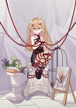 1girl black_dress blonde_hair bound bound_legs bound_wrists chao_shi_kong_gui_yu_-mkii dress flower full_body hair_ornament hairclip highres light_smile long_hair original pedestal portrait_(object) shibari shibari_over_clothes sitting sleeveless solo tied_up_(nonsexual) yellow_eyes