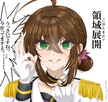 ahoge black_choker blush braid breasts brown_hair chamumi_(mochiumee) choker commentary_request crossed_fingers epaulettes female_admiral_(kancolle) fingerless_gloves folded_ponytail gloves green_eyes grin hands_up jacket jewelry kantai_collection looking_at_viewer military_uniform mole mole_under_mouth necklace original sidelocks smile translation_request white_jacket