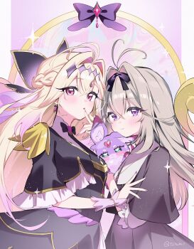 Rule 34 | 2girls, absurdres, antenna hair, black bow, black dress, blonde hair, bow, braid, closed mouth, commentary request, creature, crossed bangs, cure arcana shadow, dress, dual persona, earrings, felnemo, gradient hair, green hair, hair between eyes, hair bow, hair intakes, highres, holding, holding creature, jewelry, long hair, looking at viewer, mashu-tan, meitantei precure!, moria ruruka, multicolored hair, multiple girls, nail polish, parted lips, pink eyes, precure, purple eyes, purple hair, purple nails, purple wrist cuffs, smile, two-tone hair, very long hair, wrist cuffs