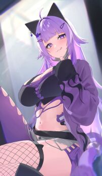 1girl :3 ahoge akai_ame animal_ear_piercing animal_ears asymmetrical_legwear black_shirt black_thighhighs blurry blurry_background breasts cat_ears cat_hair_ornament cat_tail cleavage closed_mouth colored_inner_hair fishnet_thighhighs fishnets grey_mask grey_shorts hair_ornament hairclip heart heart_hair_ornament highres hololive large_breasts long_hair long_sleeves looking_at_viewer mask mask_lift mouth_mask multicolored_hair navel nekomata_okayu nekomata_okayu_(personya_respect) open_fly pink_hair purple_eyes purple_hair purple_tail purple_thighhighs shirt shorts sleeves_past_wrists smile solo stomach tail thighhighs thighs tongue tongue_out torn_clothes torn_thighhighs two-tone_hair virtual_youtuber