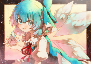 Rule 34 | 1girl, aqua dress, aqua ribbon, cirno, detached wings, dress, hair ribbon, highres, ice, ice wings, light blush, looking at viewer, medium hair, neck ribbon, open mouth, puffy short sleeves, puffy sleeves, red ribbon, ribbon, rinka (qqqrinkappp), shirt, short sleeves, smile, solo, touhou, upper body, white shirt, wings