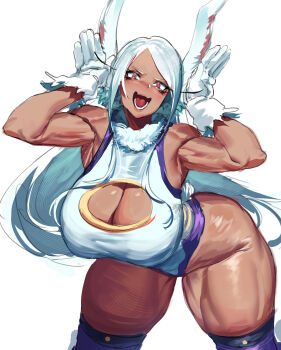 1girl animal_ears armpits arms_up black_thighhighs boku_no_hero_academia breasts cleavage cleavage_cutout clothing_cutout dark-skinned_female dark_skin fang fur_collar gloves huge_breasts leaning_forward leotard lips long_hair mirko muscular muscular_female muscular_legs open_mouth rabbit_ears rabbit_girl rabbit_pose rabbit_tail reallycute456 red_eyes skin_fang solo standing thick_thighs thighhighs thighs white_gloves white_hair white_leotard