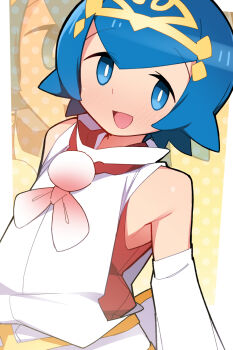 1girl abarai_(abarabone) blue_eyes blue_hair lana_(new_year's_2026)_(pokemon) lana_(pokemon) nintendo no_sclera official_alternate_costume pokemon pokemon_masters_ex short_hair