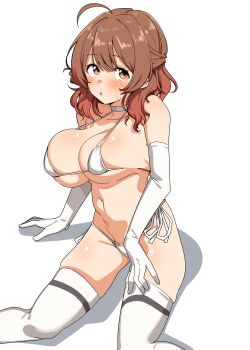 1girl :o absurdres ahoge bare_shoulders bikini blush breasts brown_eyes brown_hair elbow_gloves gakuen_idolmaster gloves hanami_ume highres idolmaster large_breasts looking_at_viewer medium_hair open_mouth paid_reward_available seihekiog side-tie_bikini_bottom simple_background solo stomach swimsuit thighhighs thighs white_background white_bikini white_gloves white_thighhighs