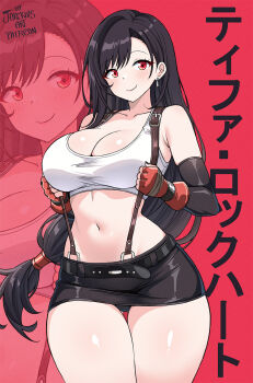 1girl black_hair breasts character_name closed_mouth commentary cowboy_shot crop_top curvy duplicate earrings english_commentary final_fantasy final_fantasy_vii fingerless_gloves gloves highres jarckius jewelry large_breasts long_hair low-tied_long_hair midriff miniskirt navel red_background red_eyes red_gloves single_earring skirt smile solo stomach suspender_skirt suspenders tank_top thighs tifa_lockhart very_long_hair white_tank_top zoom_layer