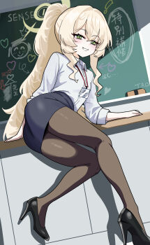 1girl absurdres black_pantyhose blonde_hair blue_archive blue_skirt chalkboard commentary_request doodle_sensei_(blue_archive) green_eyes hair_between_eyes halo high_heels highres long_hair looking_at_viewer momokuroguro official_alternate_costume open_mouth pantyhose pencil_skirt ponytail professor_niyaniya_(blue_archive) professor_niyaniya_(teacher)_(blue_archive) sensei_(blue_archive) shirt skirt smile teacher thighs white_shirt yellow_halo