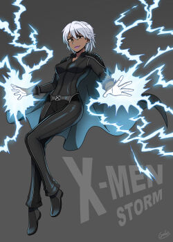 1girl absurdres animification black_bodysuit black_cape bodysuit breasts brown_eyes cape character_name commentary copyright_name electricity english_commentary full_body galois highres marvel medium_breasts purple_lips short_hair signature solo storm_(x-men) white_hair x-men x-men_film_series