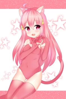 1girl :3 :d ahoge animal_ear_fluff animal_ears artist_request blush border bow bowtie breasts cat_ears cat_girl cat_tail commentary covered_navel elbow_gloves fang feet_out_of_frame floating gloves gluteal_fold hair_between_eyes hair_ornament hairclip heart heart_hands highres indie_virtual_youtuber leotard letterboxed long_hair open_mouth outside_border pink_border pink_bow pink_bowtie pink_eyes pink_gloves pink_hair pink_leotard pink_tail pink_thighhighs second-party_source skin_fang small_breasts smile solo spanish_commentary star_(symbol) suwie_(vtuber) tail thigh_gap thighhighs virtual_youtuber white_background
