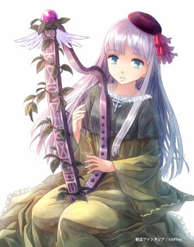1girl aqua_eyes bad_id bad_pixiv_id dress female_focus harp hat instrument looking_at_viewer original silver_hair smile solo yakka