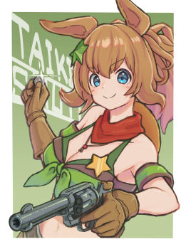 1girl animal_ears armband bandeau bare_shoulders blue_eyes breasts brown_gloves brown_hair character_name cleavage closed_mouth cocoa_inryo coin collarbone colt_single_action_army commentary_request cowboy_hat cowboy_shot gloves green_armband green_background green_bandeau gun hair_between_eyes hair_ornament hand_up handgun hat hat_on_back highres holding holding_coin holding_gun holding_weapon horse_ears horse_girl long_hair looking_at_viewer medium_breasts midriff navel ponytail red_scarf revolver scarf sheriff_badge sidelocks skirt smile solo standing star_(symbol) star_hair_ornament taiki_shuttle_(umamusume) umamusume weapon