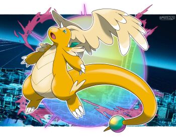 artist_name border dragon dragonite feathered_wings full_body gen_1_pokemon head_wings highres horns mega_dragonite mega_pokemon nintendo no_humans pokemon pokemon_legends:_z-a signature single_horn solo tomycase white_border wings