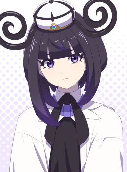 1girl arice487 black_dress black_hair closed_mouth coat dress eyelashes gradient_hair gwynn_(pokemon) hat highres looking_at_viewer mega_stone multicolored_hair nintendo open_clothes open_coat pokemon pokemon_legends:_z-a purple_eyes purple_hair short_hair solo twitter_username upper_body white_coat white_hat