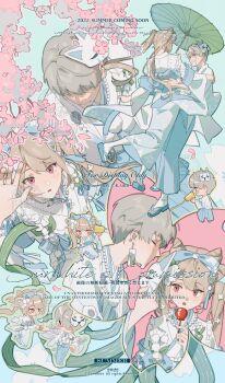 1boy 1girl absurdres carrying character_request check_character chinese_clothes flat_color hair_between_eyes hanfu highres japanese_clothes kimono kiss long_hair love_and_deepspace multiple_views oil-paper_umbrella pink_eyes protagonist_(love_and_deepspace) umbrella white_hair xavier_(love_and_deepspace) xiabai